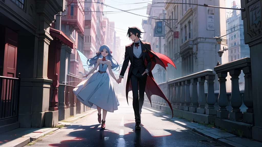 fairy and vampire walking trough the streets, anime style