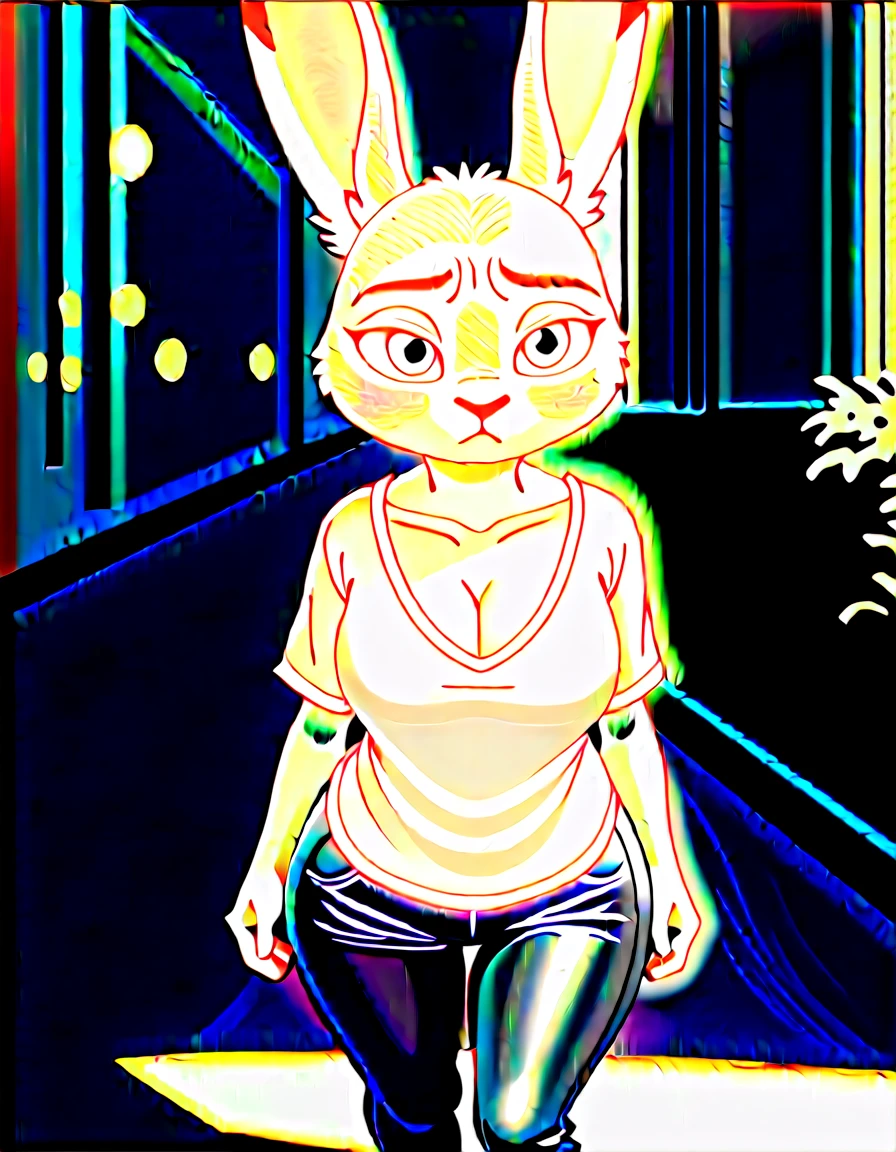 Fraction_9, Fraction_8_up, Fraction_7_Direction_6_up, src_hairy, judyhopps is confused, dark, night, Backlight, Solitary, Pink shirt, jeans, Keep your arms at your sides, Front view, portrait, fullbody shot, platform high heels, leashed collar, large thighs, cleavage 