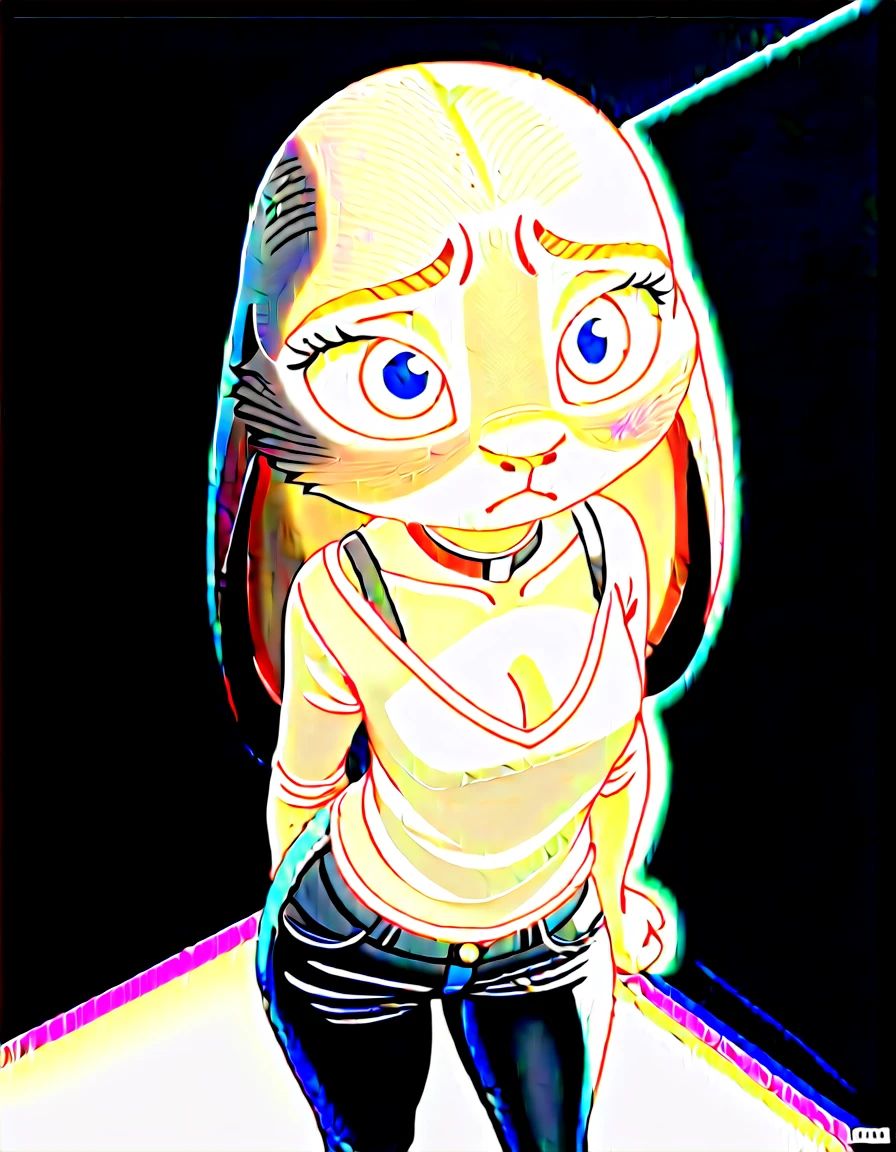 Fraction_9, Fraction_8_up, Fraction_7_Direction_6_up, src_hairy, judyhopps is confused, dark, night, Backlight, Solitary, Pink shirt, jeans, Keep your arms at your sides, Front view, portrait, fullbody shot, platform high heels, leashed collar, large thighs, cleavage 