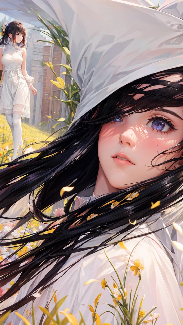 Woman standing in a flower field Cyber style