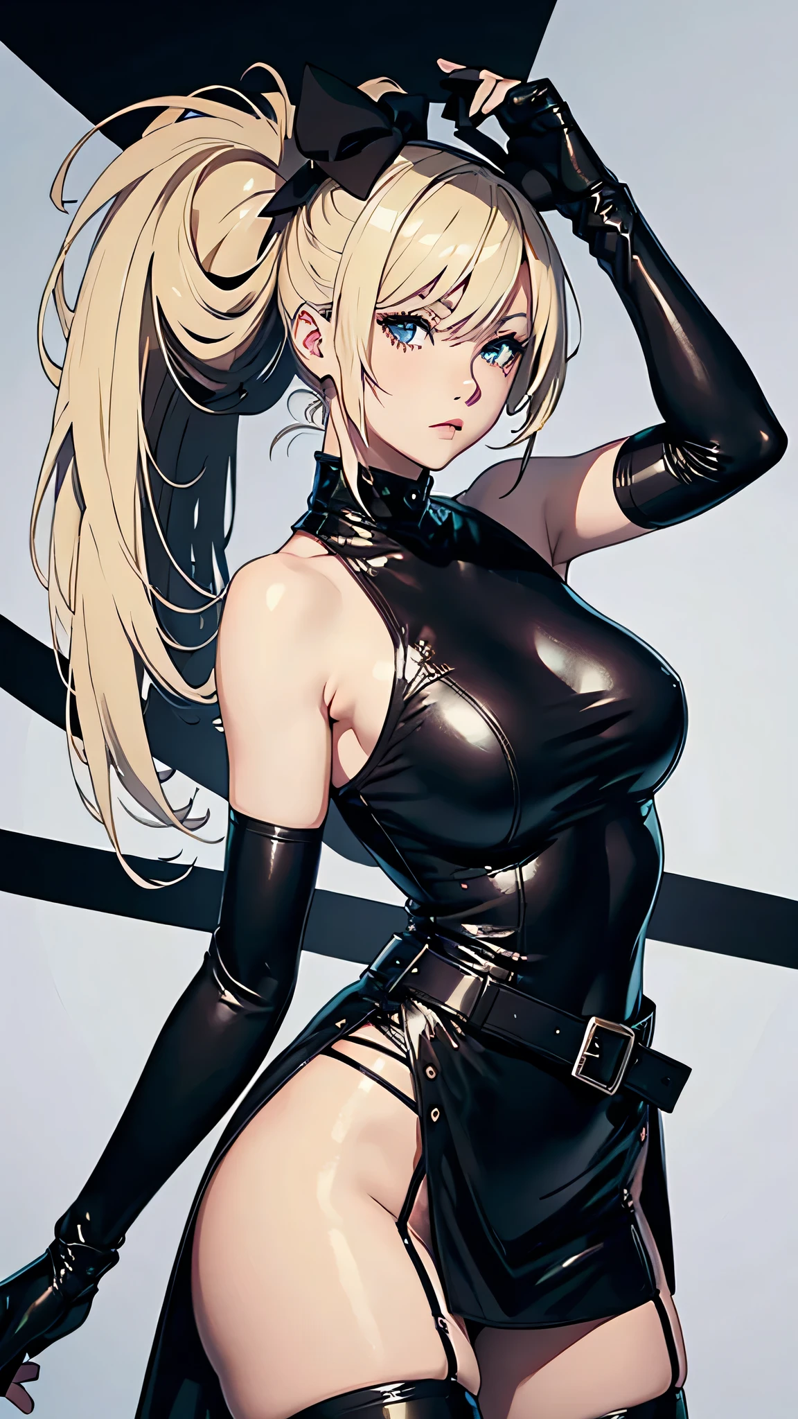 Young woman, blonde, in a black tight suit, belted katana, stockings, short skirt, black shoes, eyes of different colors, in light armor, drawing style