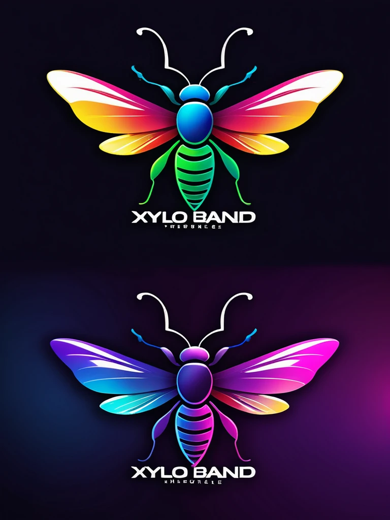 Design a logo with "XYLO BAND" as the title, resembling a music band logo with vibrant colors. Incorporate HDR 4K effects to enhance brightness and contrast. Include a sleek and modern vector of a firefly insect in the design. Surround the firefly with vibrant colors like red, blue, green, yellow, and purple, symbolizing energy and creativity. Ensure the composition is dynamic and eye-catching, reflecting a modern and lively brand identity.
