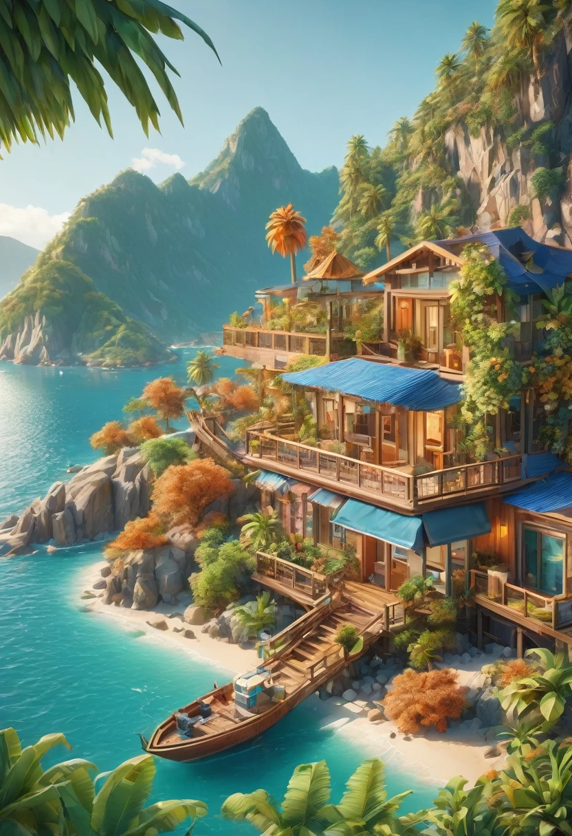(Isometric Art:1.5),The art of math,Mountains,Fall,beach,Boat,Palm tree,(high quality,Masterpiece,Octane Rendering,Ray Tracing,Extremely detailed,3d,8k:1.5) ,Isometric projection