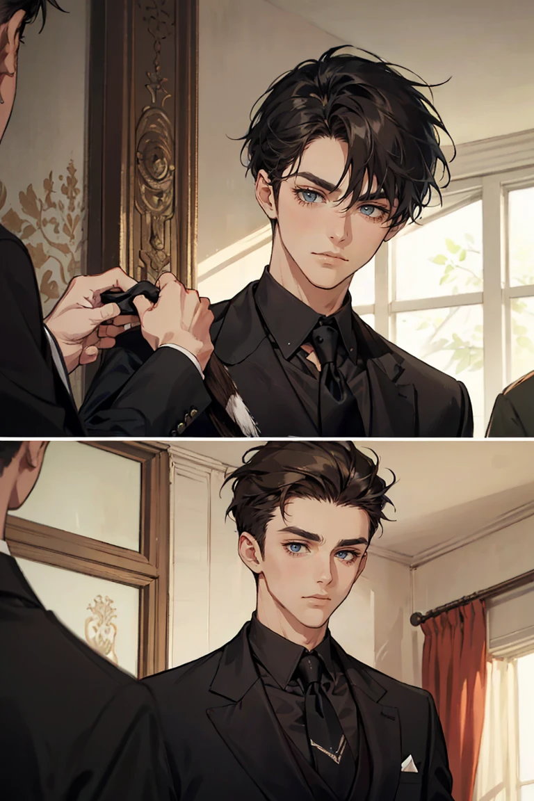 ((A young man in a black suit and tie)), Alexandro, (((One side of her short, dark hair is brushed neatly.))), ( Green eyes and thick eyebrows), ((20 years old)), ((Masterpiece)), ((movie light)), Look relaxed and smile, waiting for someone