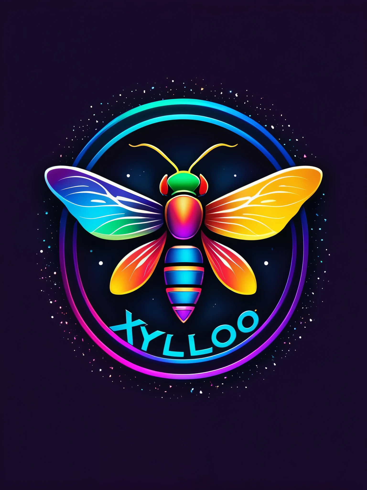 Design a logo titled "XYLO BAND" with vibrant colors resembling a music band logo. Incorporate HDR 4K effects to enhance the brightness and contrast. Include a simple vector of a firefly insect, ensuring it is sleek and modern in design. Surround the firefly with vibrant colors like red, blue, green, yellow, and purple, symbolizing the energy and creativity of a music band. Ensure the composition is dynamic and eye-catching, suitable for a modern and lively brand identity.
