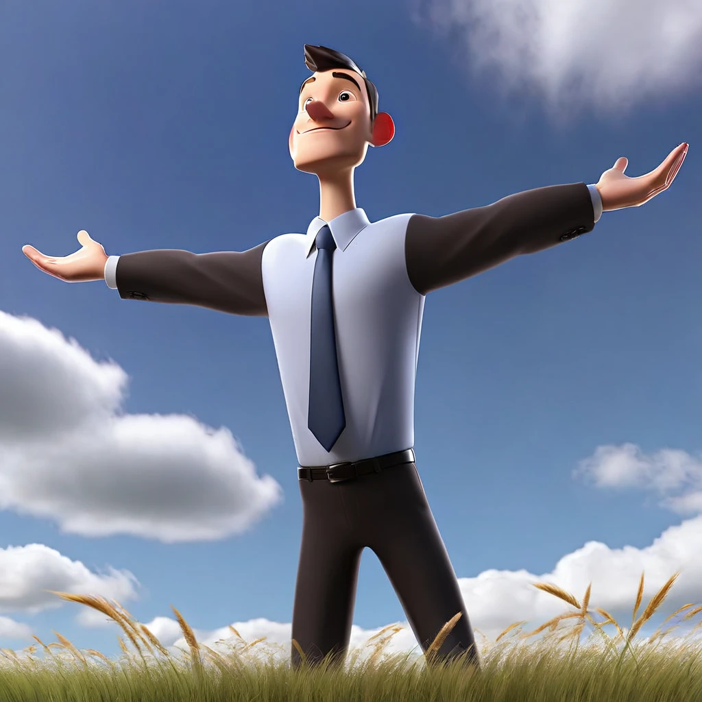 A businessman standing with arms wide open towards the sky.