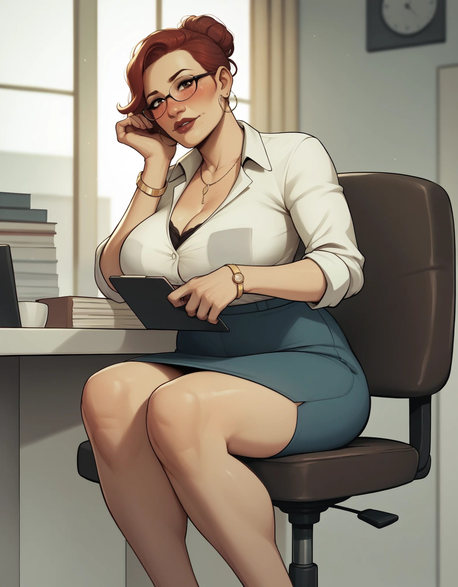 mature businesswoman sitting in office looking at viewer BREAK, score_9, score_8_up, score_7_up, score_6_up, score_5_up, score_4_up, red hair heavy brown reddish freckles blush adn thick hair