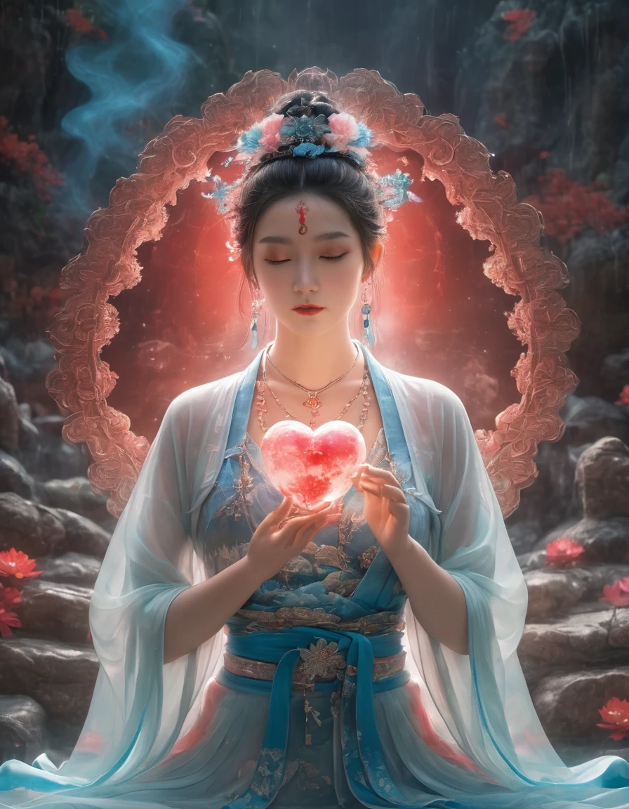 Full body front view，A Tantric female Guanyin sitting cross-legged，Fold your hands and pray、Anatomically correct,born, Lenses, (Clear focus:1.5), (Practical:1.4), Dusk lighting, Volumetric Lighting, Ultra-high resolution, 16K,Dramatic Lighting, Blue Background：1.5）（disputeた，Mandala，Holding a heart-shaped lamp in hand、dispute，Intertwined：0.7）witch，Red Kimono, Foxfire spells, Conversion, Writing border depth, Great atmosphere, The most beautiful form of chaos, grace, Brutalist Dark Theme, Flower of Death, Flowers of ecstasy，glowing lines,Glow Example，Tracking Example，flash， Backlight，translucent，Light Particles,HILL，exit