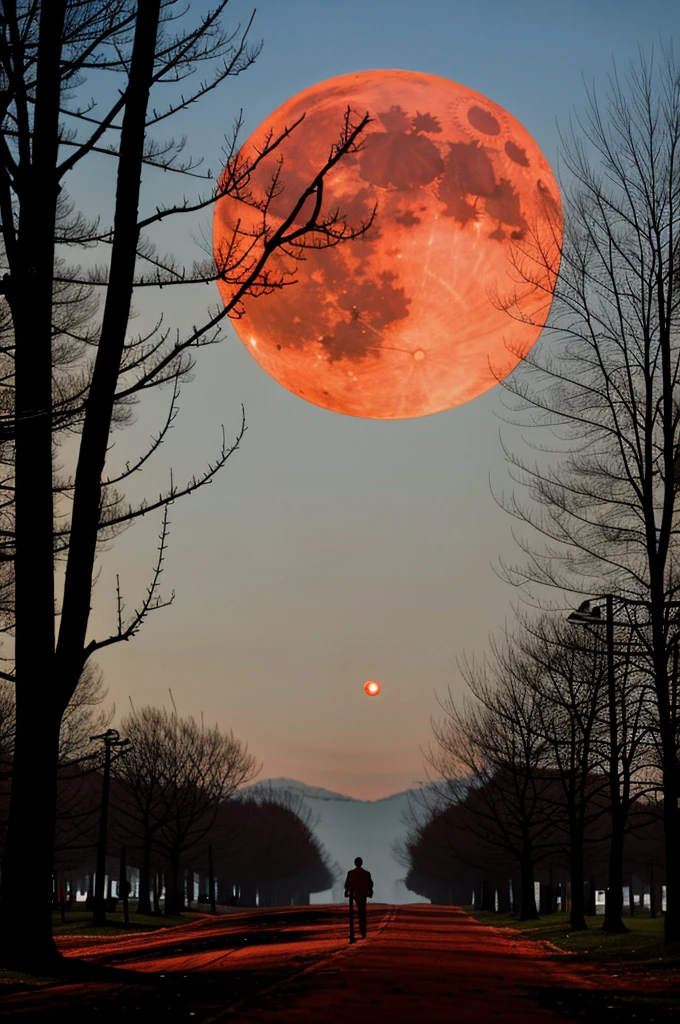 creepy abandonment of the crime scene, evening, red moon, creepy atmosphere