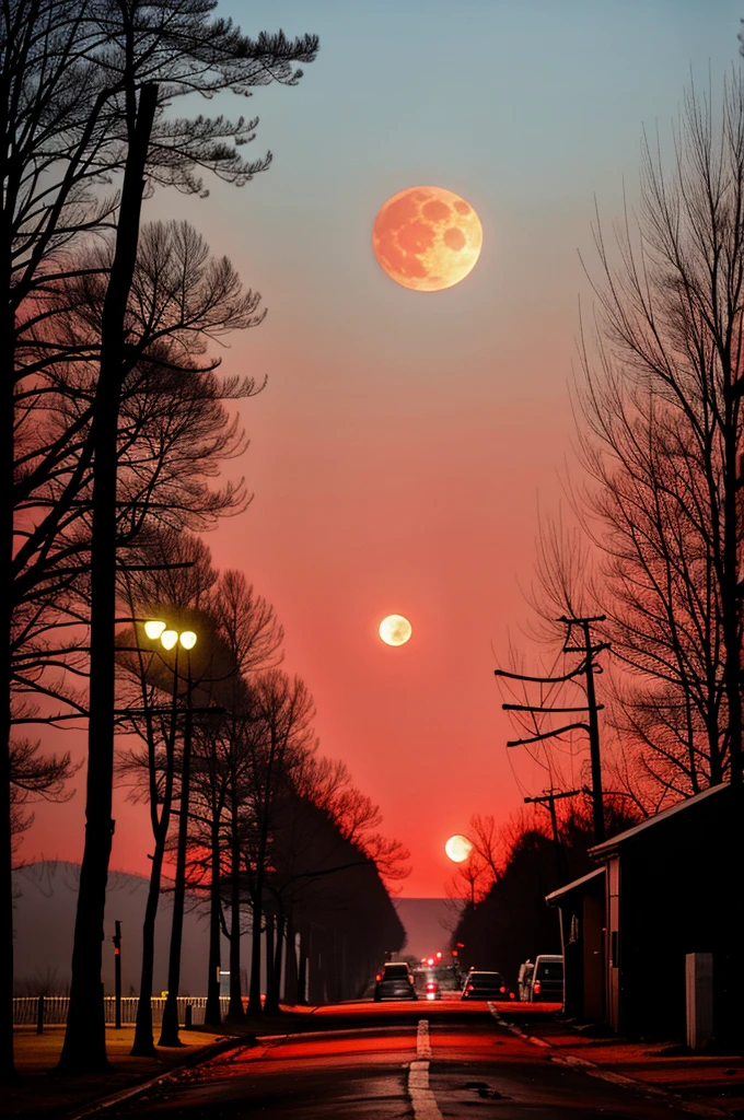 creepy abandonment of the crime scene, evening, red moon, creepy atmosphere