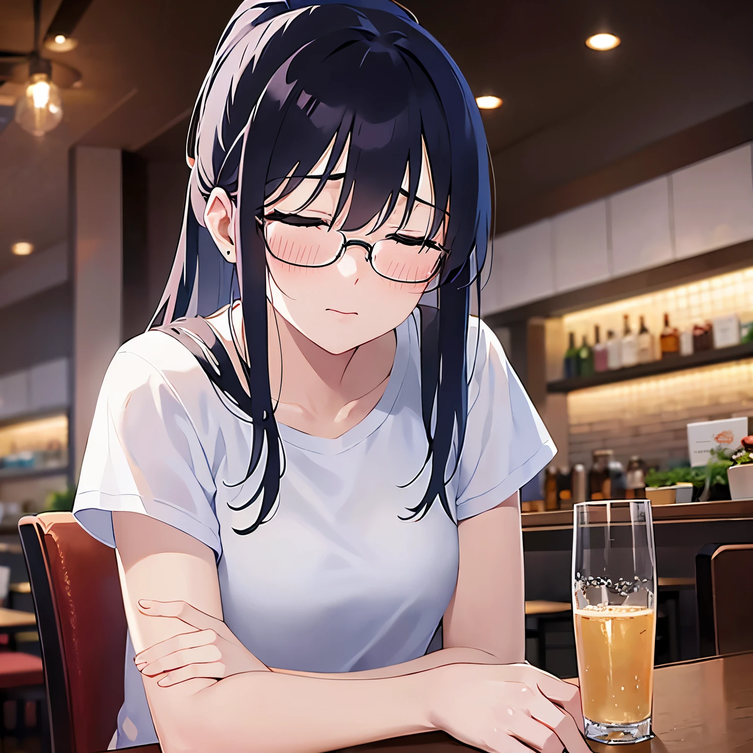 plastic frame eyewear、Upper Body, Realistic, real person, (pale skin: 1.2), RAW photo, photorealistic, shiny skin, shiny hair、(25 year old woman with bangs) and (ponytail) and (black hair) and (closed eyes:1.5) , (White T-shirt） 、sleepy, (blush:1.3), The background is the interior of a restaurant at night.、Alone、Sitting