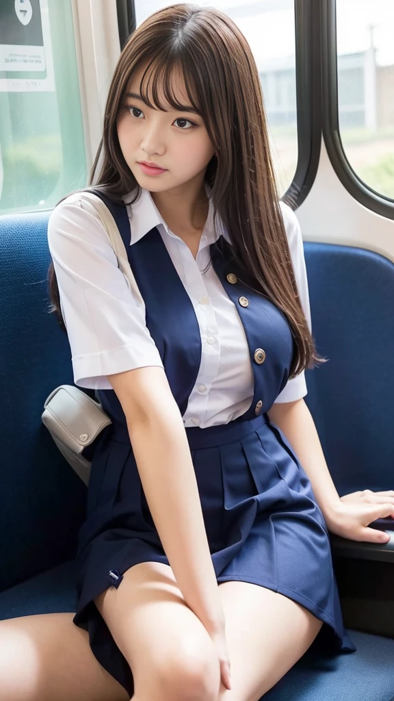 A high school girl with long, beautiful legs and huge breasts is wearing a summer uniform and spreading her legs wide on the seat, seducing the man sitting across from her on the train.