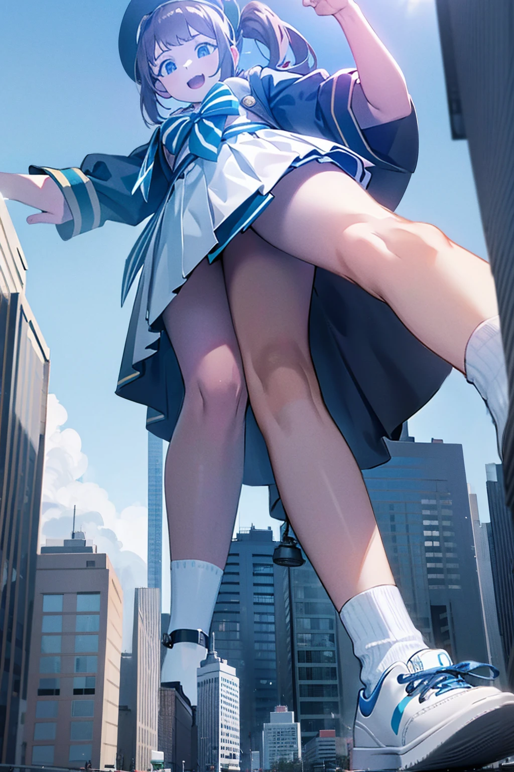 Big girl wearing sneakers，Girl taller than the building，Sailor Suit，Short skirt，White Socks，Girl raising legs high，Excited expression
