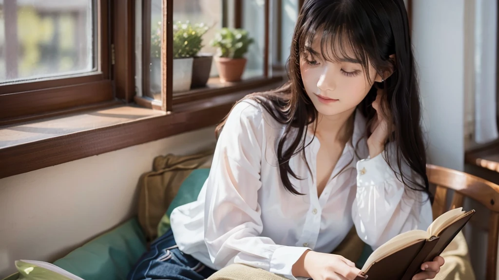 On a large windowsill、A beautiful 20-year-old woman reading a book alone、Long black hair、White blouse