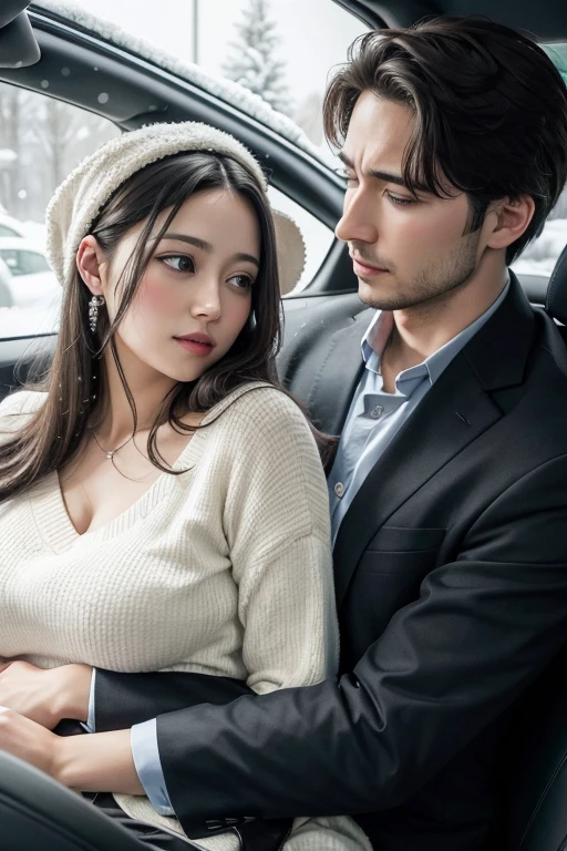 I would like a realistic image of a couple in the passenger seat of a car, where there is heavy snowfall outside and as a form of protection, he holds her head against his chest