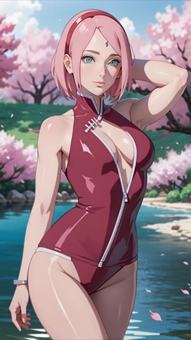 tmasterpiece, Best quality at best, 1girll, Sakura Haruno, Large breasts,(cleavage),(upperbody closeup),Raised sexy,is shy,ssmile,with pink hair,short hair, (Green eyeballs:1.4), Forehead protection, the cherry trees,Cherry blossoms flying,,Zipper half, wearing g-string bikini, standing in water, looking straight to viewers