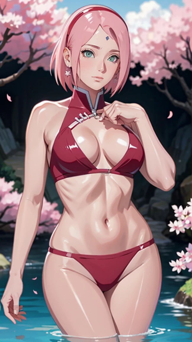 tmasterpiece， Best quality at best， 1girll， Sakura Haruno， Large breasts，（cleavage)，（upperbody closeup)，Raised sexy，is shy，ssmile，with pink hair，short hair， （Green eyeballs:1.4)， Forehead protection， the cherry trees，Cherry blossoms flying，，Zipper half, wearing g-string bikini,    standing in water,    looking straight to viewers