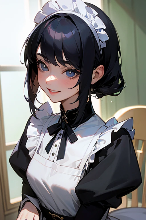 (Highest Resolution, clear_image) Highest quality, single, One woman, alone, masterpiece, Very detailed, Semi-realistic, Black Hairのショートヘア, Black Hair, bangs, 18-year-old, mature, Light blue , Indoor Background, kind, Authoritative, Powerful, exquisite features, exquisite features、Eyelashes become longer、Showing teeth、smile😀、Maid clothes、woman'Fingers in the、Sleeping on the sofa、Long Hair、Fluttering in the wind、((Off-the-shoulder clothing))