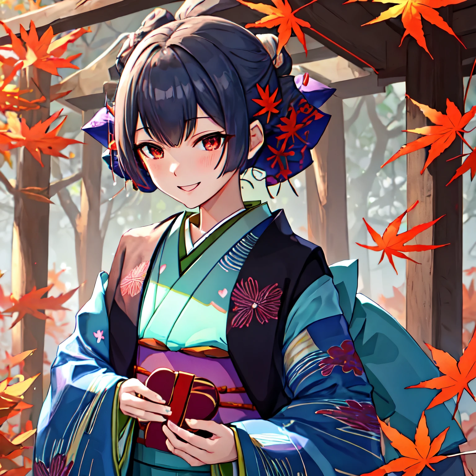 Highest quality, masterpiece, High resolution, 一人in, {Morino_Rinse_Idol Star Shiny Colors:1.15}, red_eye, 前hair, red面, black_hair, smile, green_hair, short_hair, hair_ornament, Closed_mouth, One girl, autumn_leaf, Holding, Japanese_Clothes, kimono, leaf, Looking_in_Audience, Maple, upper_body, Blurred, box, gift, gift_box, Holding_gift, length_sleeve, heart, sash, wide_sleeve