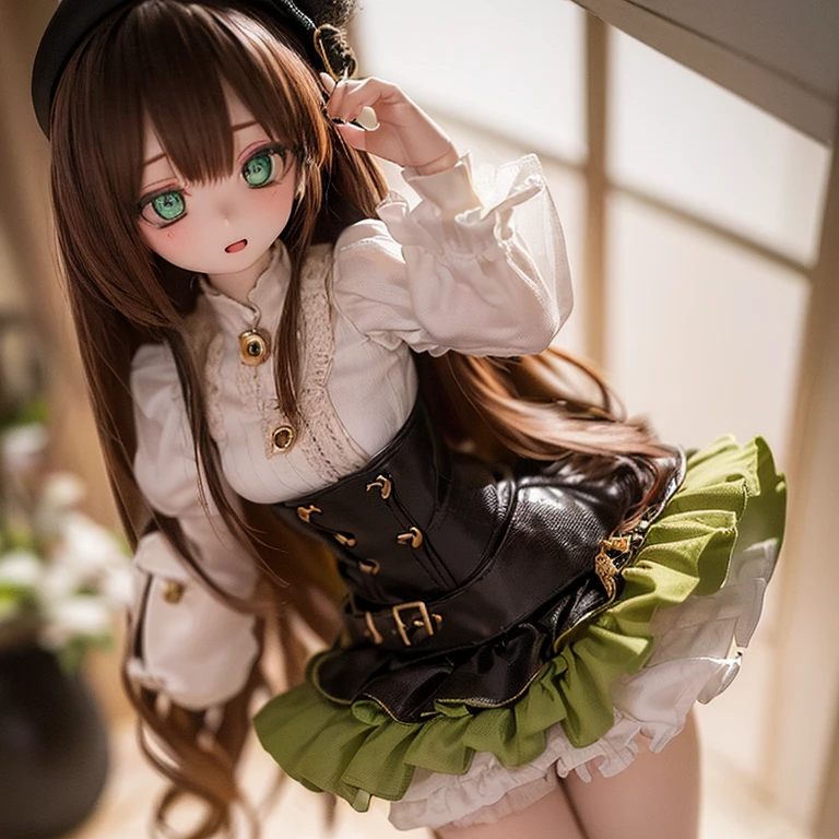 (SFW:2), photorealistic, realistic photo, 8k, ((highest quality)), ((masterpiece)), (extremely detailed), kukolnydom, doll, (mature woman, 20yo, 20 years old, solo:1.6), ((cowboy shot, dynamic pose, slim, slender, skinny, medium breasts, bowler hat, frilled shirt, puffy sleeves, corset, tiered pannier skirt, thigh-high socks)), (green eyes, brown hair, long hair, plastic skin, looking at another, glass eyes, gradient eyes, shining eyes, detailed eyes:1.3)