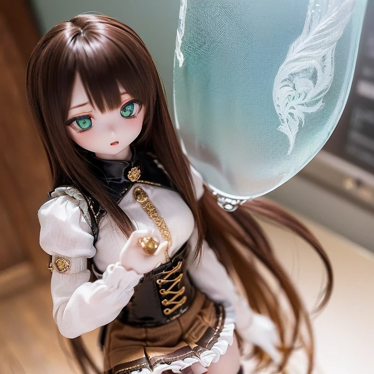 (SFW:2), photorealistic, realistic photo, 8k, ((highest quality)), ((masterpiece)), (extremely detailed), kukolnydom, doll, (mature woman, 20yo, 20 years old, solo:1.6), ((cowboy shot, dynamic pose, slim, slender, skinny, medium breasts, bowler hat, frilled shirt, puffy sleeves, corset, tiered pannier skirt, thigh-high socks)), (green eyes, brown hair, long hair, plastic skin, looking at another, glass eyes, gradient eyes, shining eyes, detailed eyes:1.3)