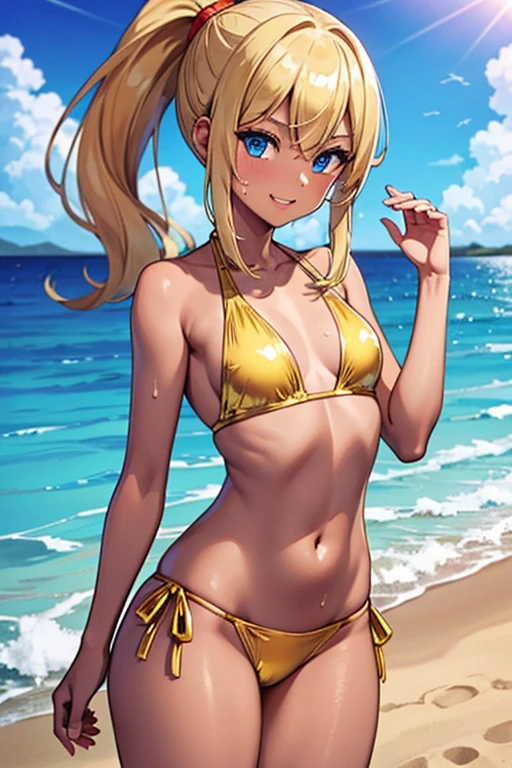 (whiteblonde hair), (very dark tanned skin | extremely shiny oily sweaty glossy skin), samus aran, (golden bikini), (glossy golden mikrobikini | metallic material), panty_with_bows, side-tie bottom, beautiful body, long_ponytail, small_boobs, flat chest, happy laughing at viewer, happy cheering, thin_body, beach, blue_eyes, beautiful, high resolution, 8k