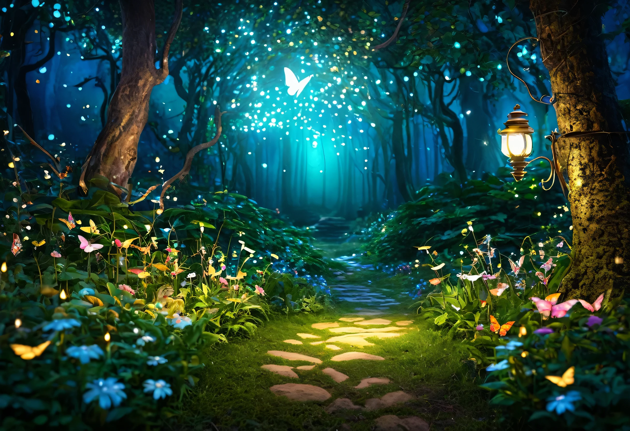 Butterflies in the forest with lantern and flowers、Fairy tale、 magic Fairy Forest, in a Magical Forest, in the Magical Forest, Fairy-like atmosphere, Magical Forest, Magic Background, magical fantasy forest, Fairy Forest, Magical Forest backround, enchanted magical fantasy forest, Glowing Butterfly, Beautiful fairies, Magical Forest, Fairy Kingdom Forest, enchanted and Magical Forest, Magic fairy background