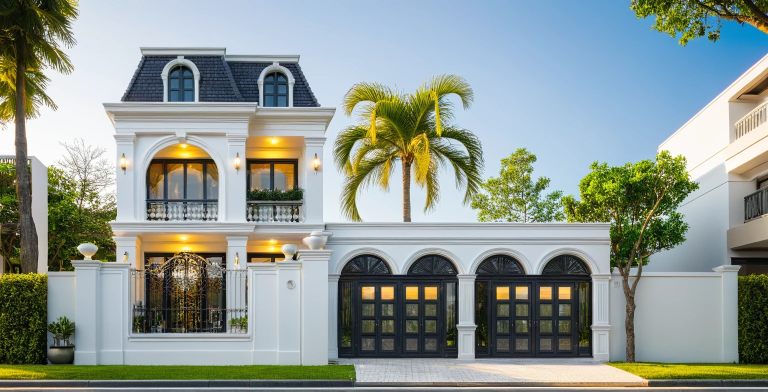 neo classical villa on street, (daylight), tropical tree, vivid colour, streetcapes, white tone, nice detail, white wall, large glass door, warm interior lighting, best quality, masterpiece, ultra realistic