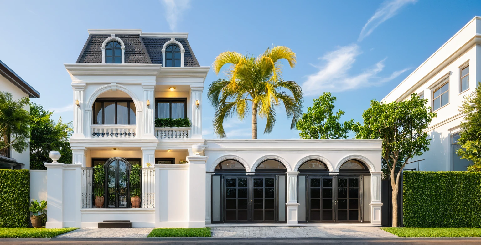neo classical villa on street, (daylight), tropical tree, vivid colour, streetcapes, white tone, nice detail, white wall, large glass door, warm interior lighting, best quality, masterpiece, ultra realistic