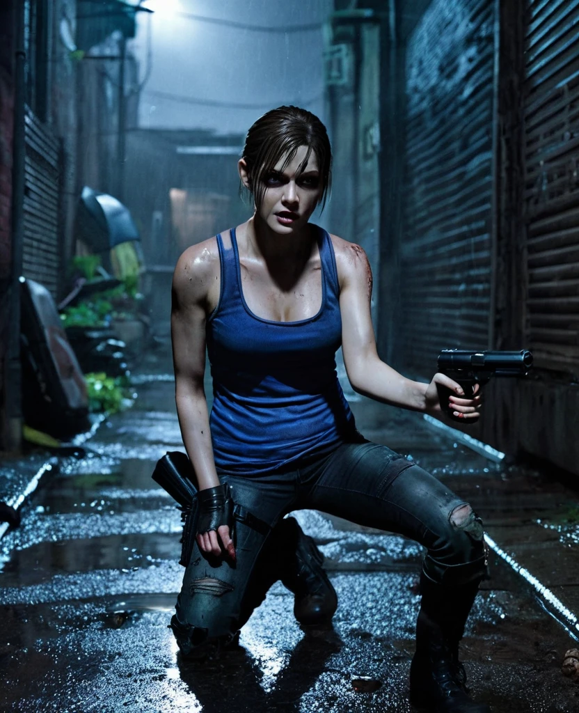 Jill Valentine wearing a tank top pointing a gun in a dark, rainy alley with zombie bodies lying on the ground.