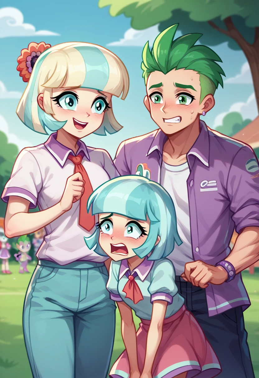 Coco Pommel is chasing Spike, Coco Pommel lovesick, Spike is scared, One girl, one boy, at the park, Coco Pommel and Spike Equestria Girls, Coco Pommel and Spike, cuerpo completo, high resolusion
