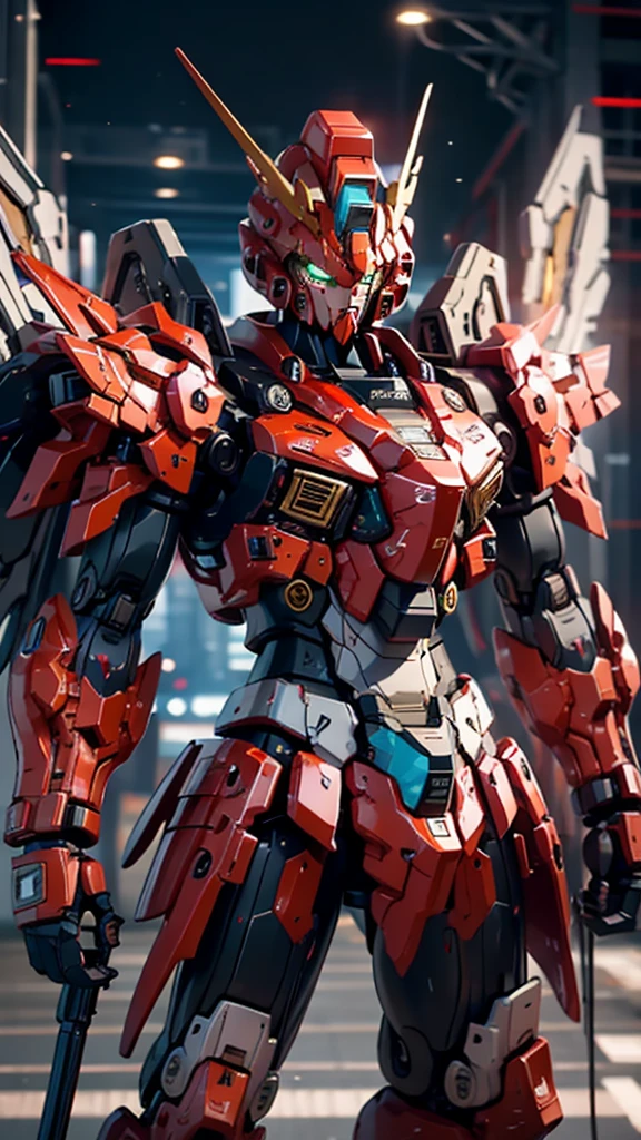 Beijing_Gundam_Mecha, Solitary, green_Eye, permanent, arms, gun, No_Humanity, Luminescence, , Mecha, clasped_hand, _novel, shield, Watching_First, V-Fin, Mobile_Set,
light,Strong contrast,Rich in details,best quality,masterpiece,