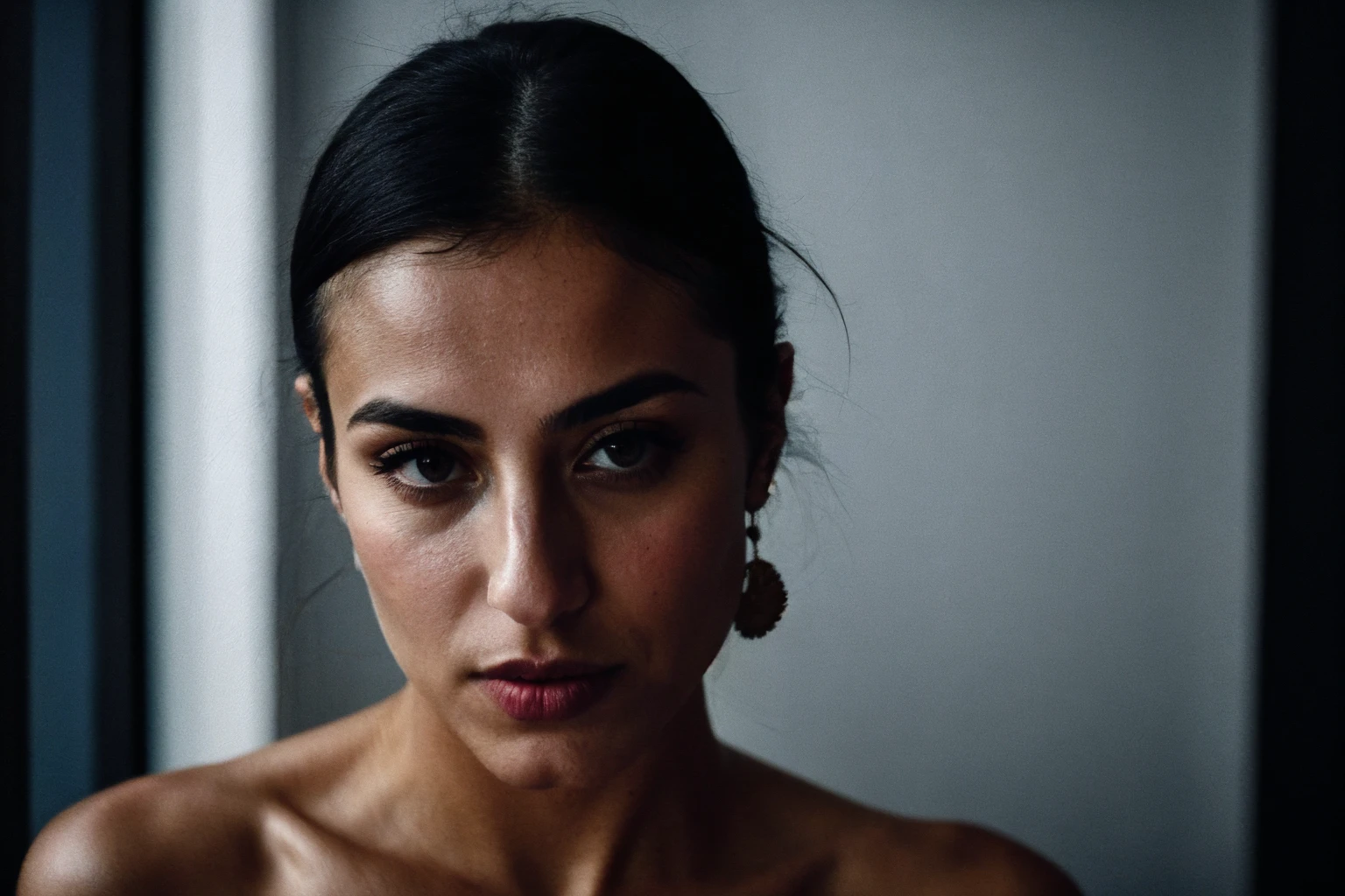 RAW photo,dark,moody,hazy atmosphere,35mm focal lenght,underexposed,cold,candid photograph,artistic,photograph of a beautiful,influencer,30yo Kurdish woman,detailed skin,fully naked,looking at viewer, candid pose,dim room,blue light, film grain, kodak color, instagram LUT