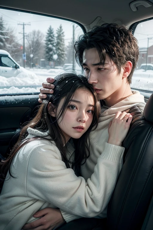 I would like a realistic image of a couple in the passenger seat of a car, where there is heavy snowfall outside and as a form of protection, he holds her head against his chest