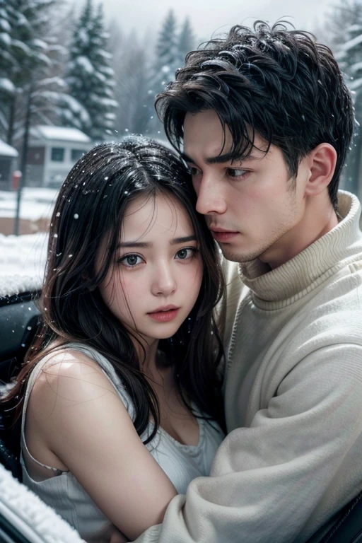 I would like a realistic image of a couple in the passenger seat of a car, where there is heavy snowfall outside and as a form of protection, he holds her head against his chest 