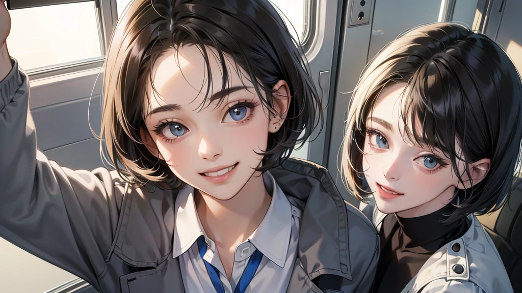 (perfect anatomy:1.2)(absurdres, highres, ultra detailed),masterpiece,best quality,high resolution,8k,Realistic face,Realistic skin texture,magnified textures, stunning clarity,detailed anime girl,(ultra detailed eyes and face),21years old,she is office worker,in te train morinig,vity.,smile,grin]:1.2,black hair, bob cut,natural make,)(1 girl:1,2)grey jacket and pants,white brouse,;light brown sitting near winfows,sparkling eyes.small nose,roundface,She looks happily at her smart phone.Clear morning light、(perfect anatomy:1.2)(absurdres, highres, ultra detailed),masterpiece,best quality,high resolution,8k,Realistic face,Realistic skin texture,magnified textures, stunning clarity,detailed anime girl,(ultra detailed eyes and face),21years old,she is office worker,in the train morinig,city.,smile,grin]:1.2,black hair, bob cut,natural make,grey jacket and pants,white brouse,light look at winfows,sparkling eyes.small nose,roundface,She looks happy, have a one smart phone.Clear morning light、