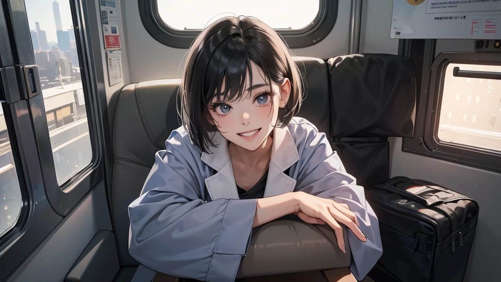 (perfect anatomy:1.2)(absurdres, highres, ultra detailed),masterpiece,best quality,high resolution,8k,Realistic face,Realistic skin texture,magnified textures, stunning clarity,detailed anime girl,(ultra detailed eyes and face),21years old,she is office worker,in te train morinig,vity.,smile,grin]:1.2,black hair, bob cut,natural make,)(1 girl:1,2)grey jacket and pants,white brouse,;light brown sitting near winfows,sparkling eyes.small nose,roundface,She looks happily at her smart phone.Clear morning light、(perfect anatomy:1.2)(absurdres, highres, ultra detailed),masterpiece,best quality,high resolution,8k,Realistic face,Realistic skin texture,magnified textures, stunning clarity,detailed anime girl,(ultra detailed eyes and face),21years old,she is office worker,in the train morinig,city.,smile,grin]:1.2,black hair, bob cut,natural make,grey jacket and pants,white brouse,light look at winfows,sparkling eyes.small nose,roundface,She looks happy, have a one smart phone.Clear morning light、
