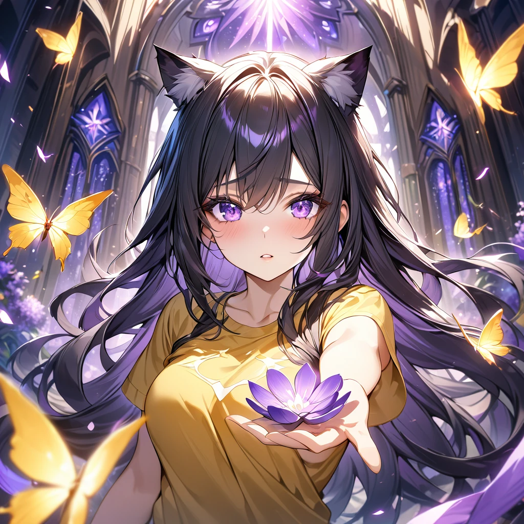 Medium boob, long hair, Girl with yellow tshirt, cat ears, gaming room mobile legends,purple dark light, absurdres, highres, ultra detailed, HDR, master piece, best quality, black hair, expressive purple eyes, magical, fantasy, shining, purple flowers, blossoms, yellow butterflies, medium shot, reaching out towards the camera, only him wrists visible