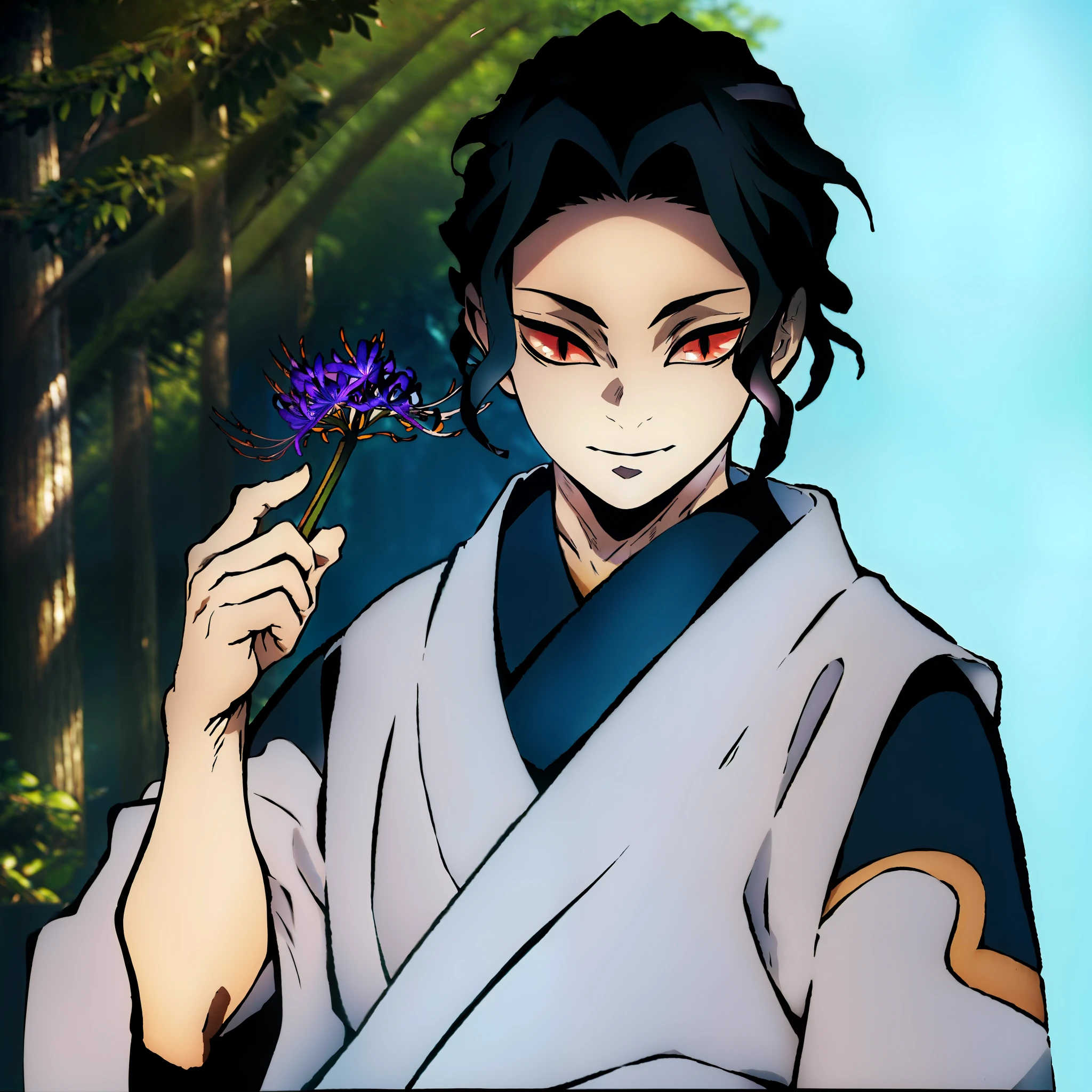 (masterpiece, best quality:1.2), kimetsu no yaiba style, MuzanMale, (1boy, solo), ars old, upper body, (front view, looking at viewer:1.2), Japanese monk's working clothes, (black short hair, wave hair), (red eyes, snake eyes), (evil smile:1.2), BREAK (holding spiderlily, blue_flower, WSPL), (forest background, sunlight filtering through the trees)