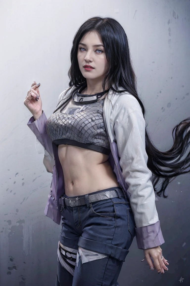 (Masterpiece artwork, best qualityer, highres:1.4), detailded, details Intricate, 4K, (solo:1.4), realisitic, fotorrealisitic, face detailed, Detailed body limbs, 1girl, solo, Hinata Hinata \(Naruto Shippuden\), Hinata Hyuga character outfit \(Naruto Shippuden\) sleeveless, (Byakugan in a striking white color:1.5), camisa sleeveless, Dark lips, unzipped jacket, witheout panties, extreme breasts, extreme female body, fully body, (sexly),  naked portrait, nude photography, shiny nipple, show armpit,  short hair