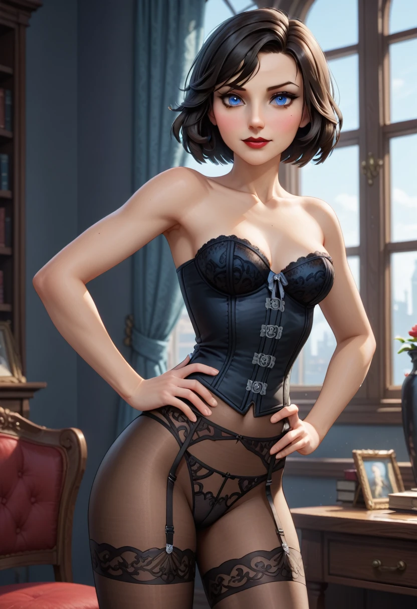 1girl, Elizabeth, bioshock infinite, hands on hips, perfectly drawn hands, sexy smirk, red lips, black hair, short hair, blue eyes, black lingerie, garter, garter belt, pantyhose, intricately laced white corset, with black bone casing, giving her an hourglass-shaped waist. intricate detail, very detailed, masterpiece quality, ultra HD, 4K, best quality,