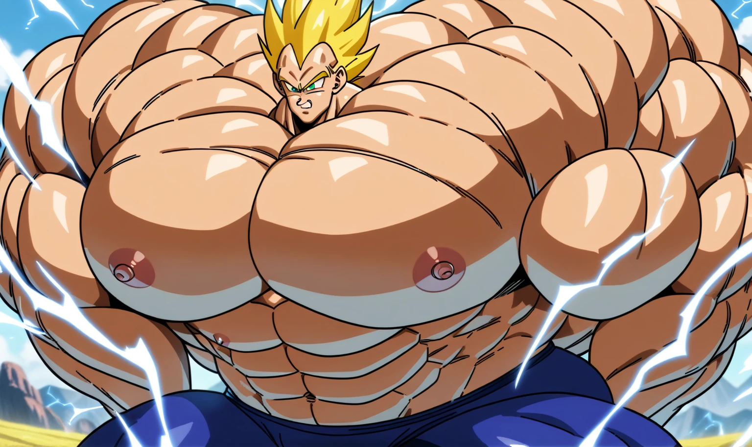 1boy, Vegeta, from Dragon Ball Z, masterpiece, best quality, very aesthetic, absurdres, saiyan, green eyes, spiked hair, (yellow hair:2), shirtless, blue skintight pants, white gloves, (huge muscles:3), dragonballartstyle, in the style of Akira Toriyama, outdoors, flat-top mountains, abs, yellow aura, electricity, (nipples:2)