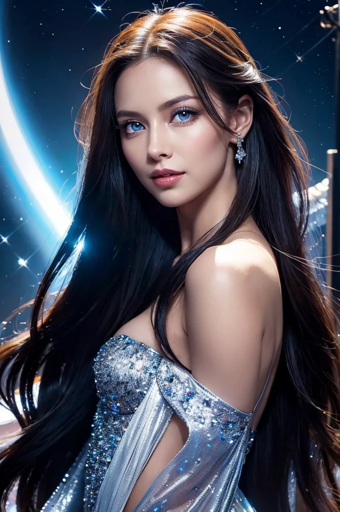 A sultry 27-year-old woman gazes directly into the camera lens, her full lips slightly upturned in a mischievous grin. Her piercing blue eyes seem to gleam with mischief as she tilts her head forward, showcasing her luscious locks and chiseled features. The focus is on her statuesque figure, boasting measurements that are the stuff of every man's fantasies. In the background, a breathtaking galaxy sprawls across the sky, its stars twinkling like diamonds against the inky blackness.