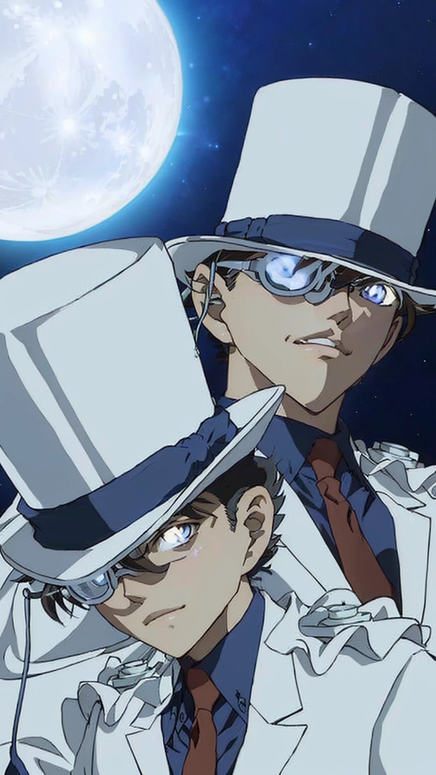 masterpiece, Highest quality, (Highly detailed CG Unity 8K wallpapers), (Highest quality), (Best illustrations), (Best Shadow), Absurd, Realistic lighting, (abyss), Beautiful sparkle, Full moon background、Two anime characters wearing white suits and hats, Dynamic Leadership Style, Space Dandy anime dandy, jotaro kujo, leiji matsumoto, yukio - e, silk hat, shinichi sakamoto, Gyro Zeppeli, 2D Animation, Cel-shaded anime, 彼はsilk hatをかぶっている