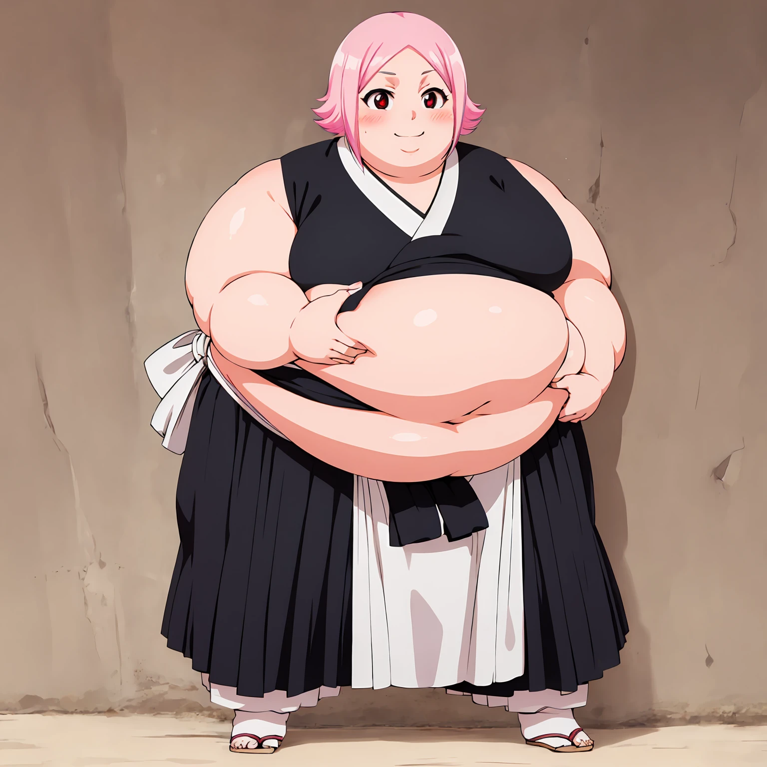 standing, shy, smile, blush, solo, 1girl,  SSBBW yachiru kusajishi, very thick thighs, obese arms, obese belly, big cheeks, Slob body, pink hair, short hair, red eyes, no pupils, small breats, black hakama, ultra detailed, masterpiece, best quality, aesthetic, detailed