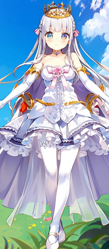(masterpiece:1.2), Highest quality, High resolution, unity 8k wallpaper, (shape:0.8), (Beautiful Eyes:1.6), Highly detailed face, Perfect lighting, Highly detailed CG, (Perfect hands, Perfect Anatomy)、Golden crown、White Hair、Odd Eye(right:Emerald、left:wine-red)、Princess Dress、grassland、Flower Field