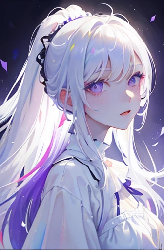 Single female, Ethereal, beautiful,portrait, one long silver ponytail, side bangs, detailed hair, very pale skin, purple eyes, glittering eyes, white eyelashes, white eyebrows, radiant smile, purple colors, blue colors,white colors, white shirt, white dress, flowy,The face is indifferent, Clear eyes,flowers background, daytime, vanilla flower, Rich in color,Bust photo,Close-up shot.