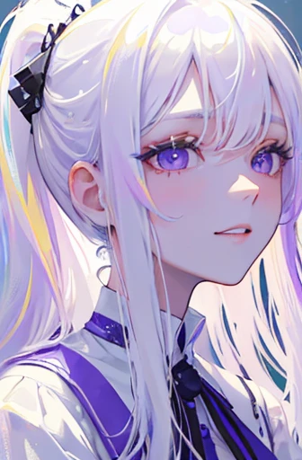 Single female, Ethereal, beautiful,portrait, one long silver ponytail, side bangs, detailed hair, very pale skin, purple eyes, glittering eyes, white eyelashes, white eyebrows, radiant smile, purple colors, blue colors,white colors, white shirt, white dress, flowy,The face is indifferent, Clear eyes,flowers background, daytime, vanilla flower, Rich in color,Bust photo,Close-up shot.