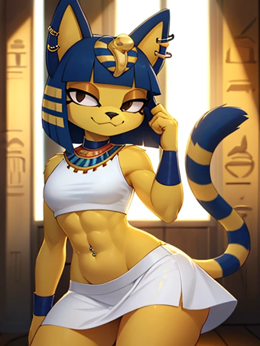 ((best quality)), ((masterpiece)), (detailed), ((2k)), trending on artstation, furry, furry style, anthro style, perfect face, a digital artwork of a sexy Ankha with abs wearing a crop top of her white sleeveless dress with white long dress skirt, a bare midriff, a bare navel, an exposed belly button, Egyptian setting, smug face, tail, blue Egyptian handbands, navel piercing