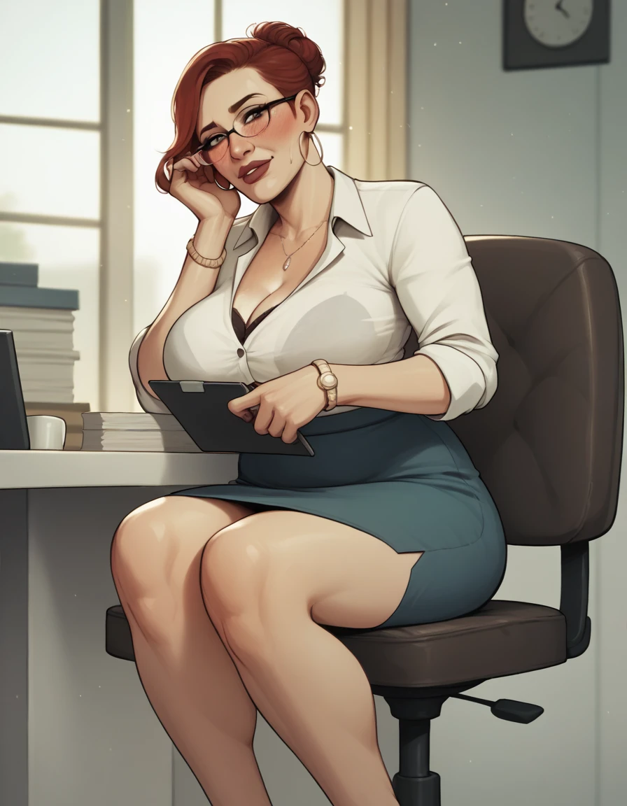 mature businesswoman sitting in office looking at viewer BREAK, score_9, score_8_up, score_7_up, score_6_up, score_5_up, score_4_up, red hair heavy brown reddish freckles blush adn thick hair porcelain pale skin